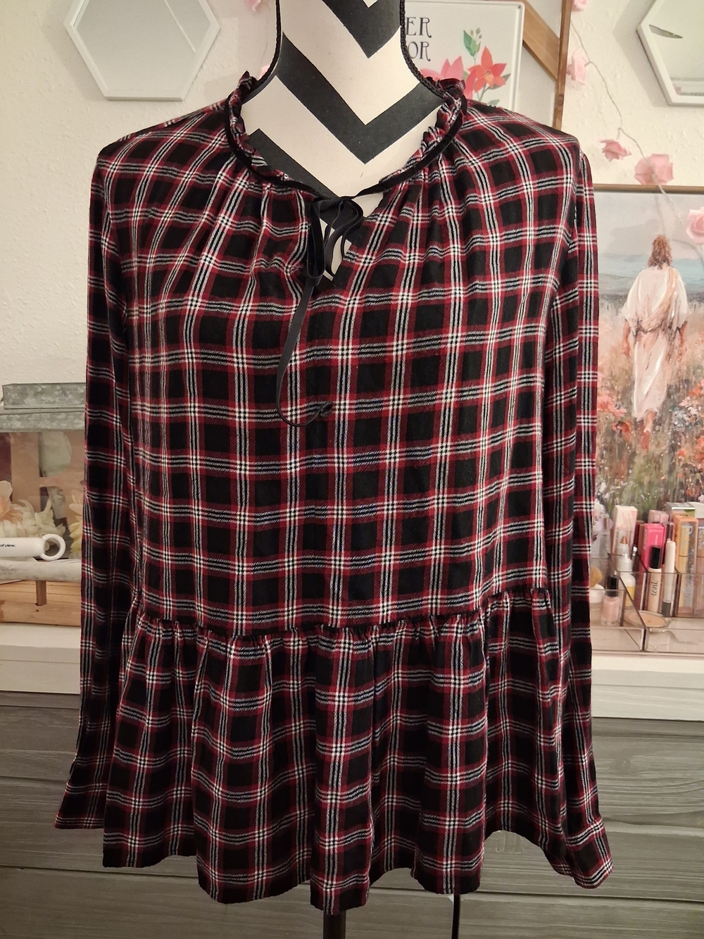 LOFT Black and Red Plaid Peplum Tie-Neck Blouse